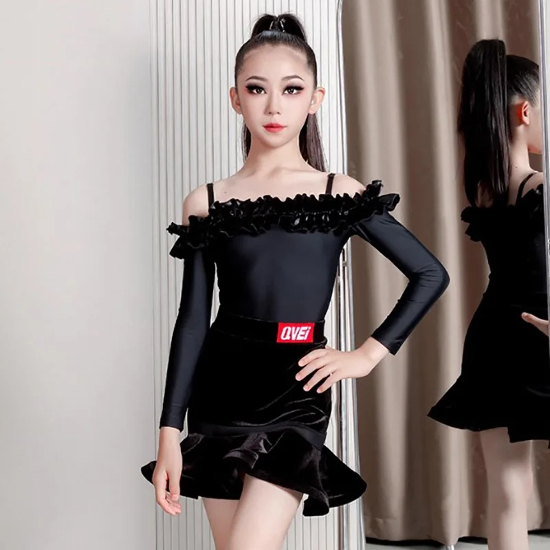 Crianças meninas trajes de dança latina babados eage cinta bodysuit e saias de veludo crianças rumba chacha desempenho dancewear