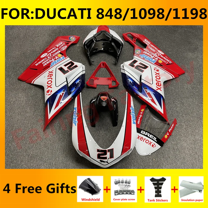 

Новый комплект обтекателей для мотоцикла ABS, подходит для DUCATI 848 1098 1198 2007 2008 2009 2010 2011 2012, комплект обтекателей красного и белого цвета