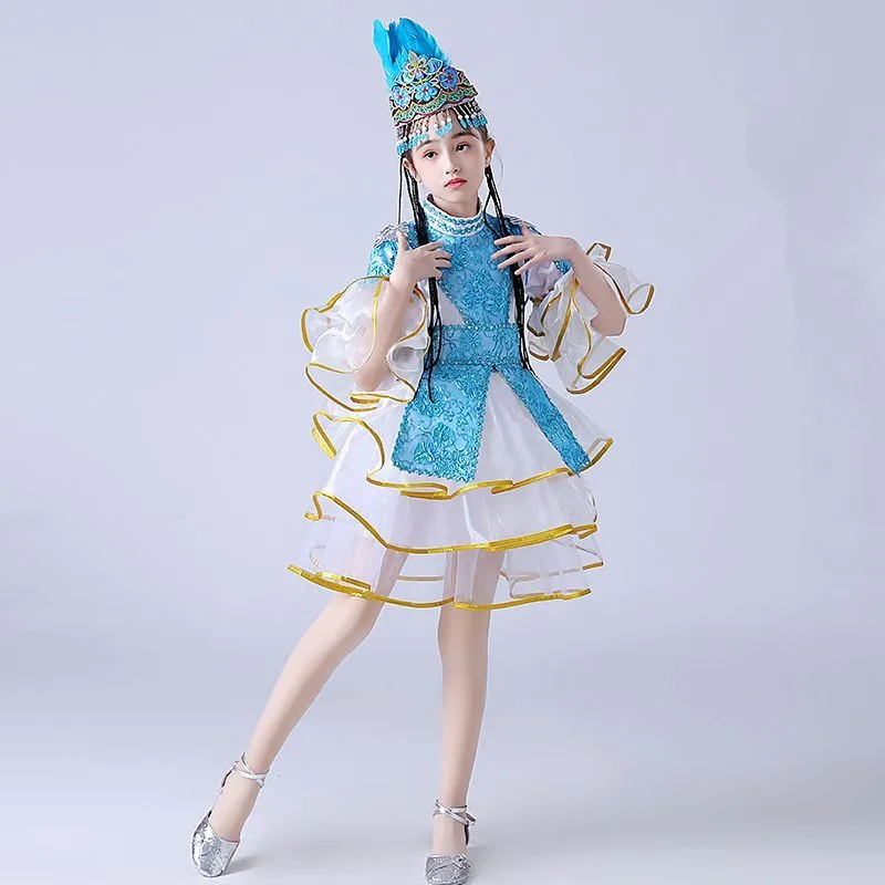 

Blue Kazakhstan National Dance Dress For Girl Xinjiang Minority Costumes With Headwear Princess Cosplay Festival Gifts