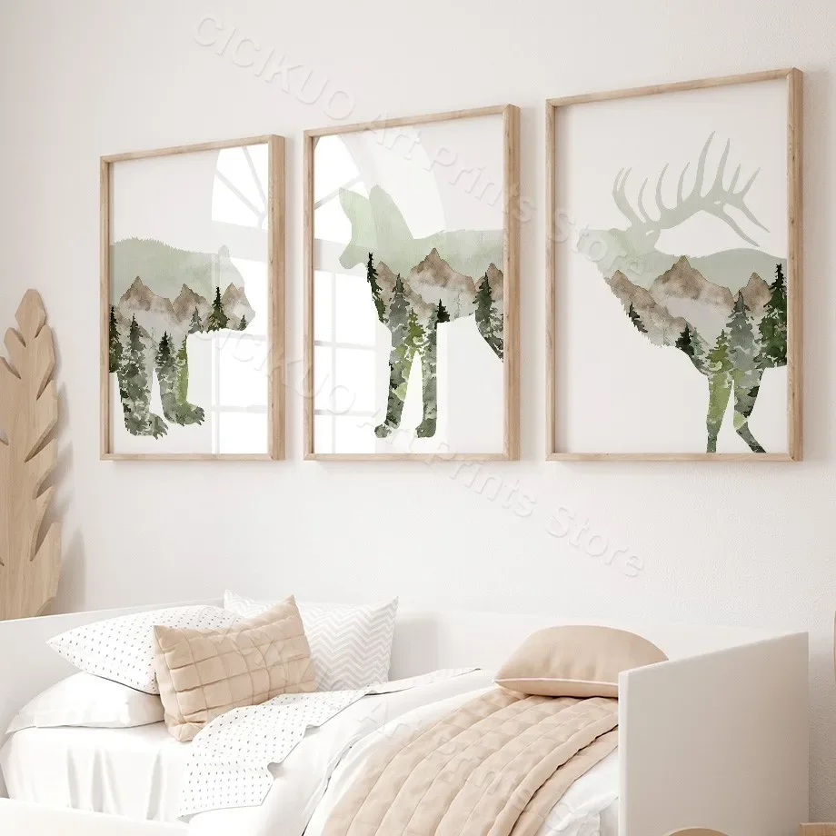 Forest Adventure Theme Nursery Sage Green Woodland Animals Wall Art Canvas Painting Posters Prints Wall Pictures Kids Room Decor