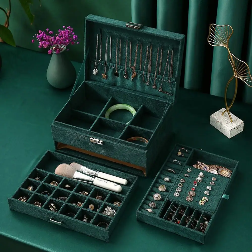 

Velvet Jewelry Storage Box With Lock And Drawer 3 Layers Earring Ring Necklace Organizer Large Capacity Jewelry Box Organizer