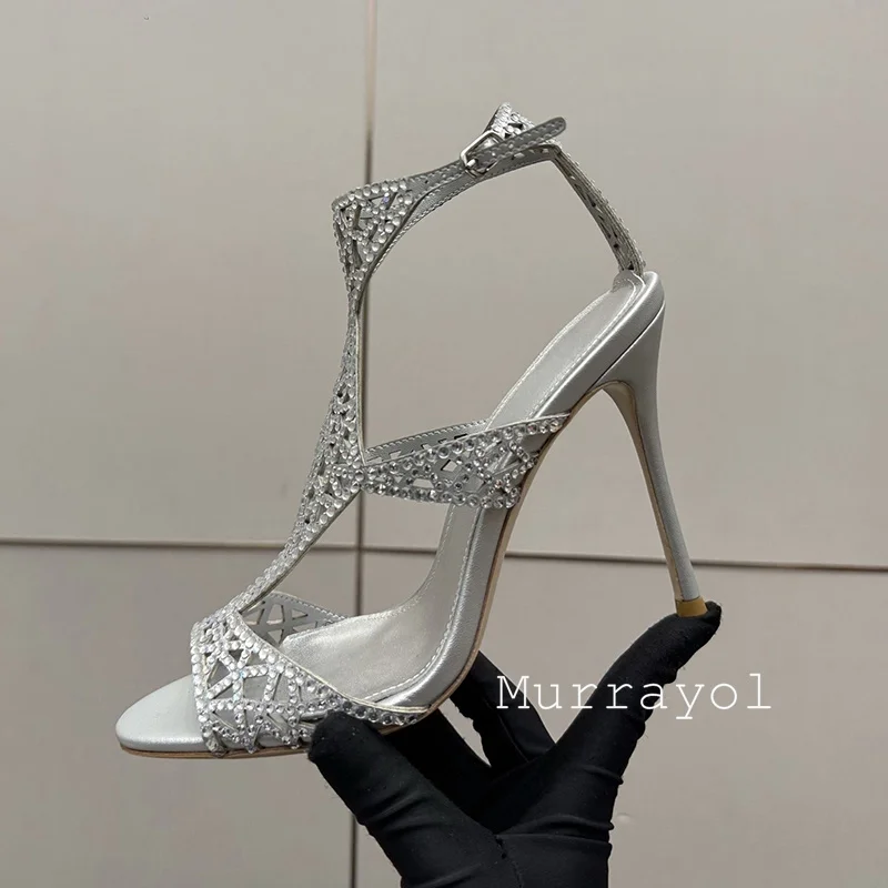 Bling Bling Rhinestone Sandals Women Real Leather Thin High Heels Ankle Strap Sandalias Mujer Summer Party Dress Wedding Shoes view 5