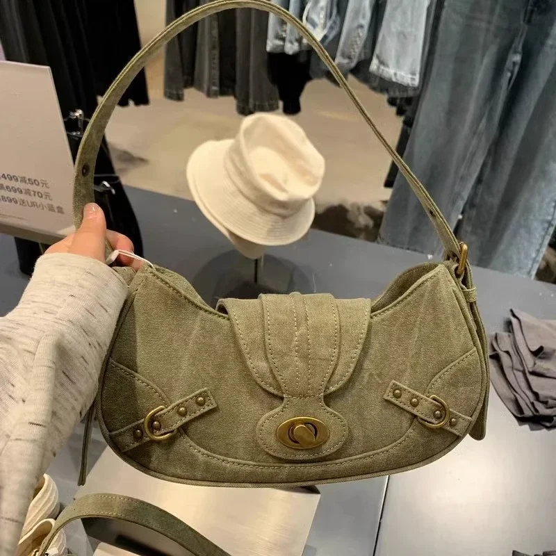 Y2k Vintage Shoulder Bag American Street Style Rivets Green Canvas Handbag Gothic Punk Biker Cool Designers Underarm Bag Handbag