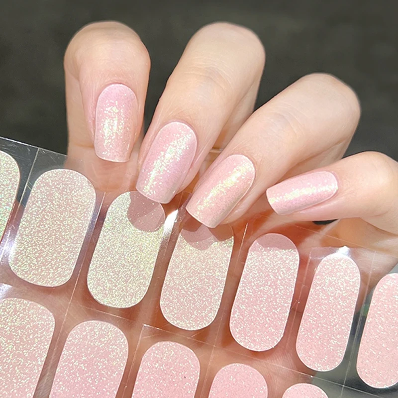 22Tips Nude Pearl Semi-Cured Gel Nail Strip Adhesive Waterproof Long Lasting Aurora Full Cover Gel Nail Sticker UV Lamp Needed