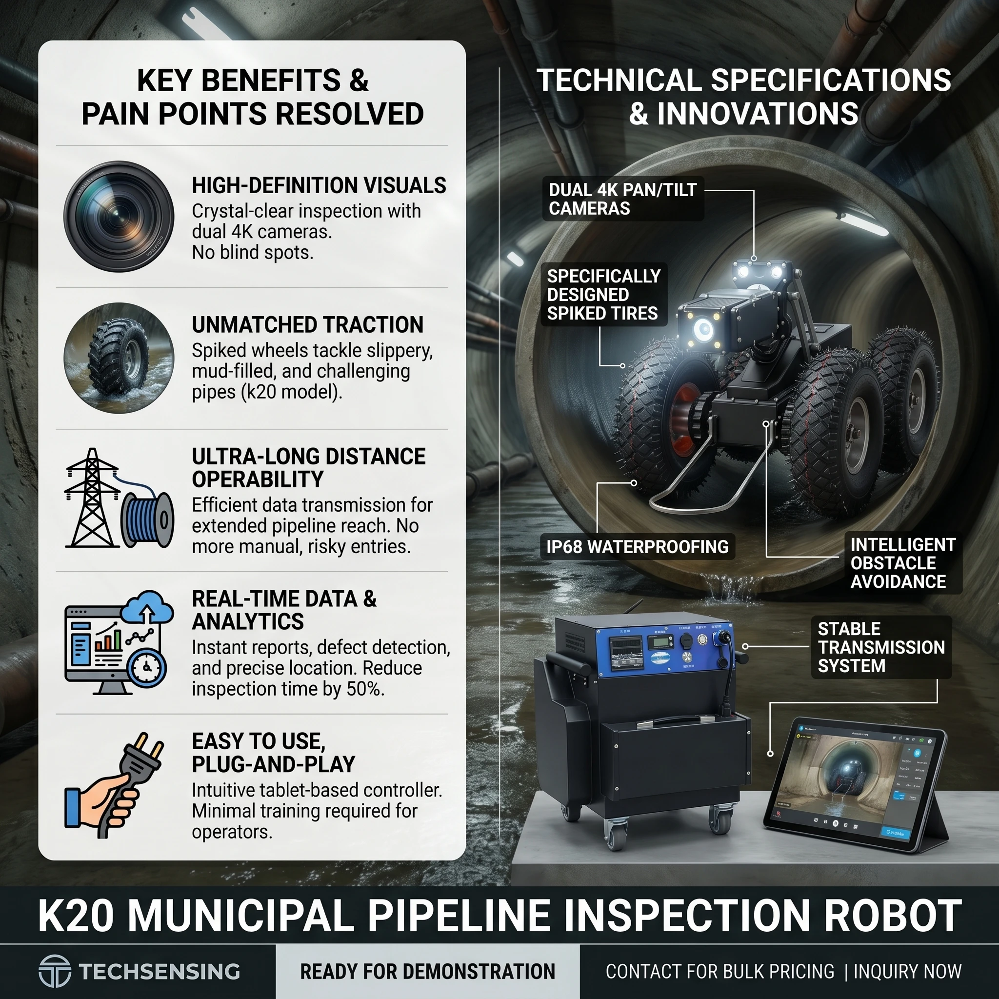 Automatic Remote Pad Control Pipeline Inspection Robot for Various Underwater Pipes Municipal Use Rechargeable Battery
