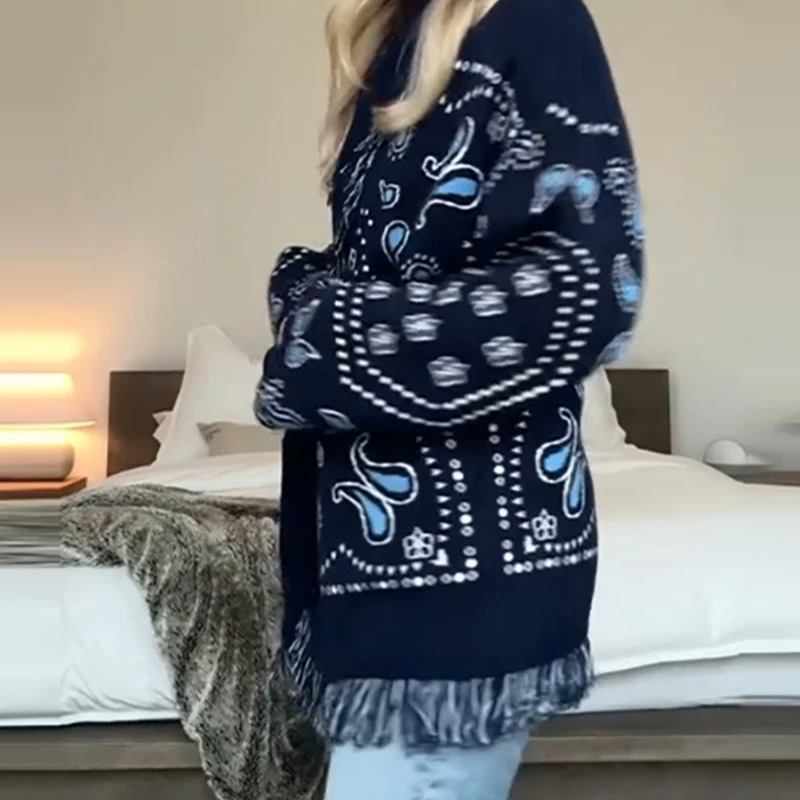 

Vintage Ethnic Style Pattern Printed Loose Cardigans Elegant Lady Long Sleeve Tassel Hem Coat Leisure Lace Up Commute Outerwear