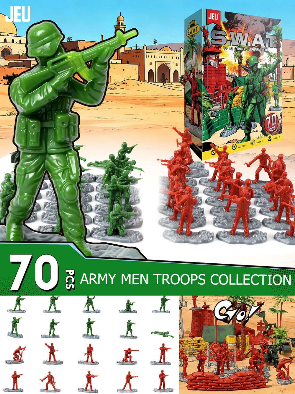 ViiKONDO Army Men Toy Soldier 70pcs Military Action Figure 4-5cm Green vs Red Mini SWAT Troop Fun Wargame Figurine Colorful Box