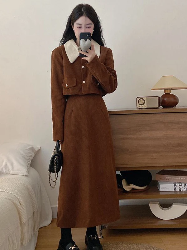 

Retro Fashion Corduroy Set Autumn Color Block Doll Collar Short Jacket Slimming Half Skirt Two-Piece Suit Chinese Style Women...