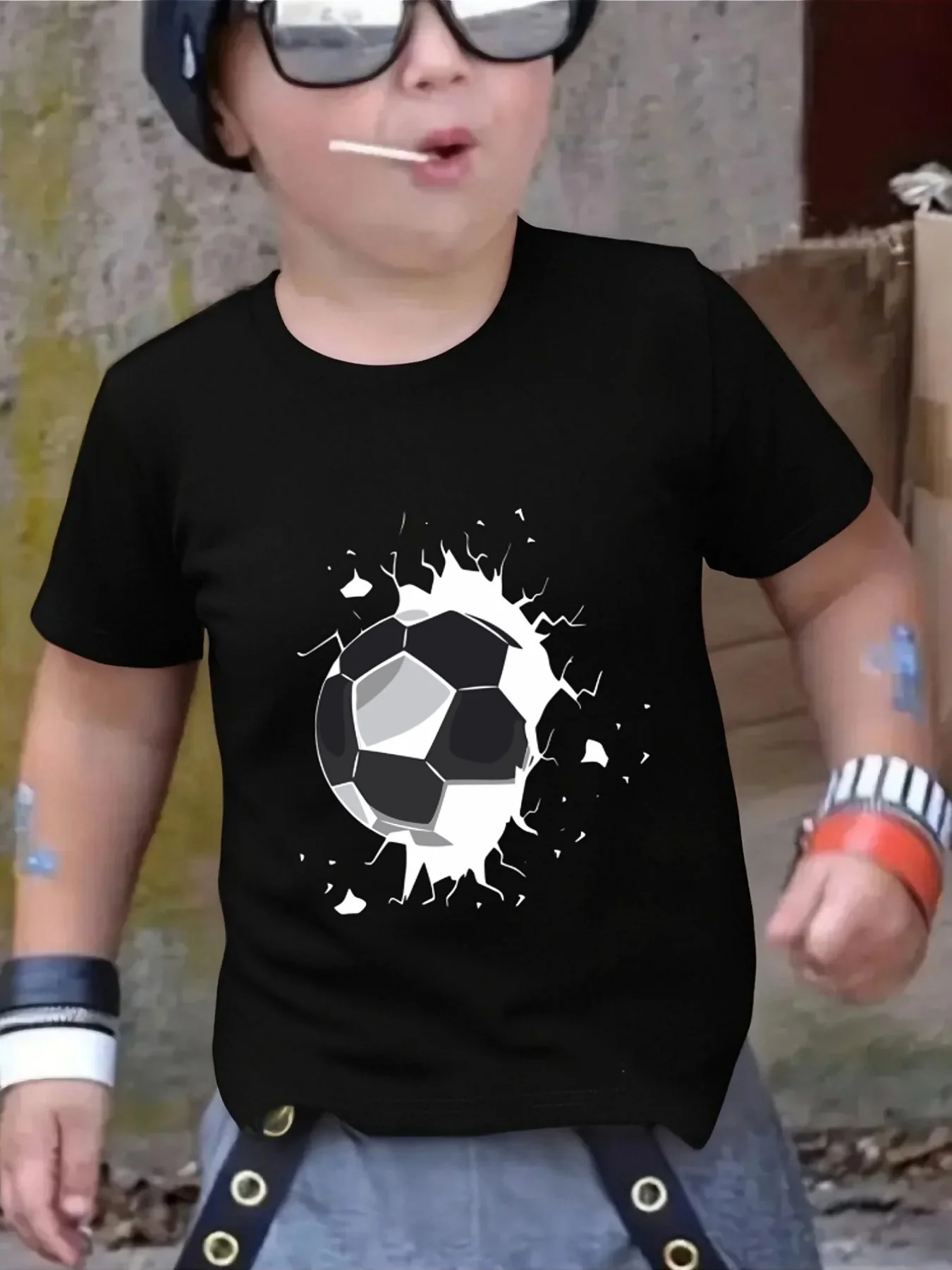 Cute Break Through Wall Soccer Print Family Matching T Shirt Boys Girls Short Sleeve Parent Child Soft Cotton Casual Tops
