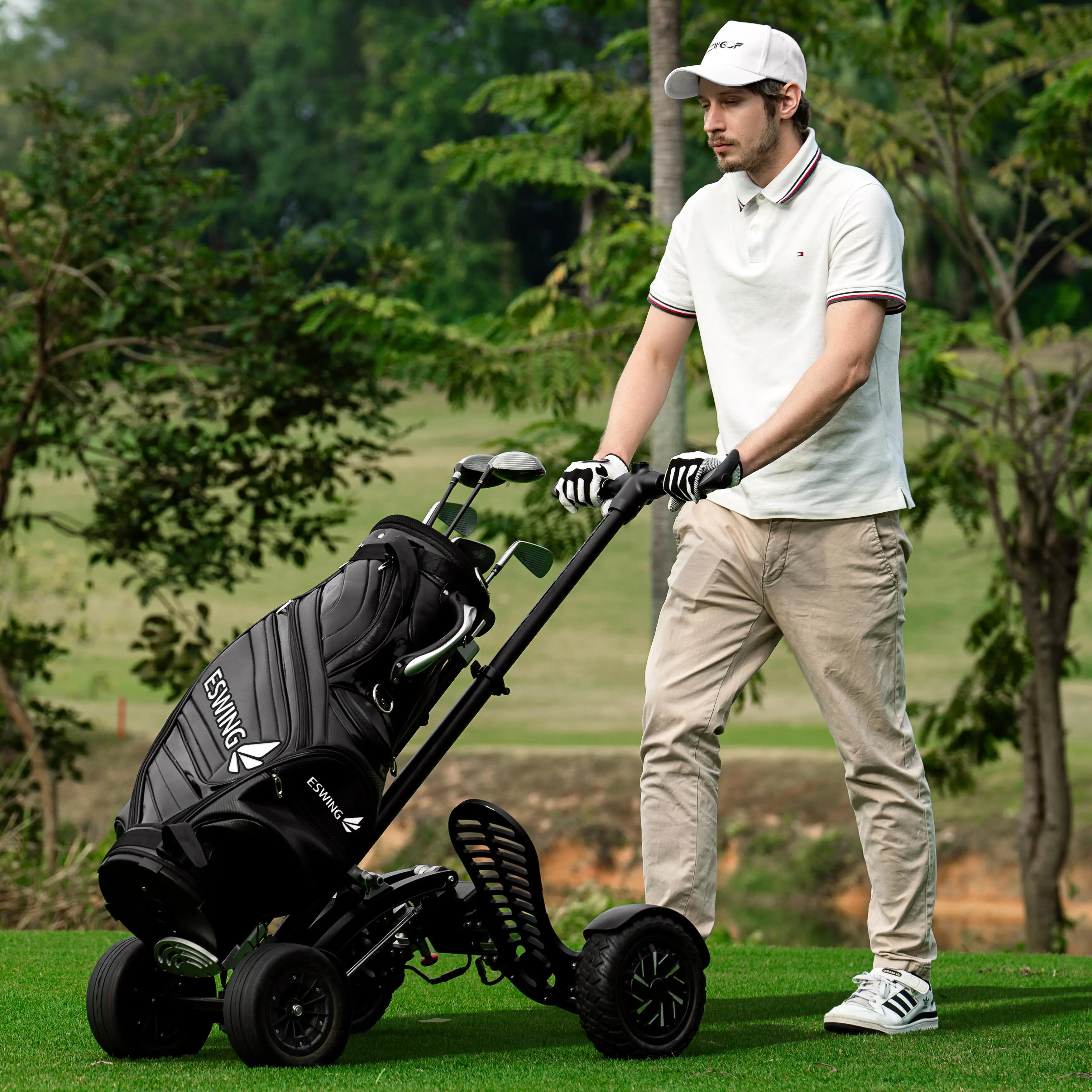 

ESWING Electric Stand-On Golf Trolley Super Lightweight Personal Usage 4 Wheel Golf Scooter for Golf Course