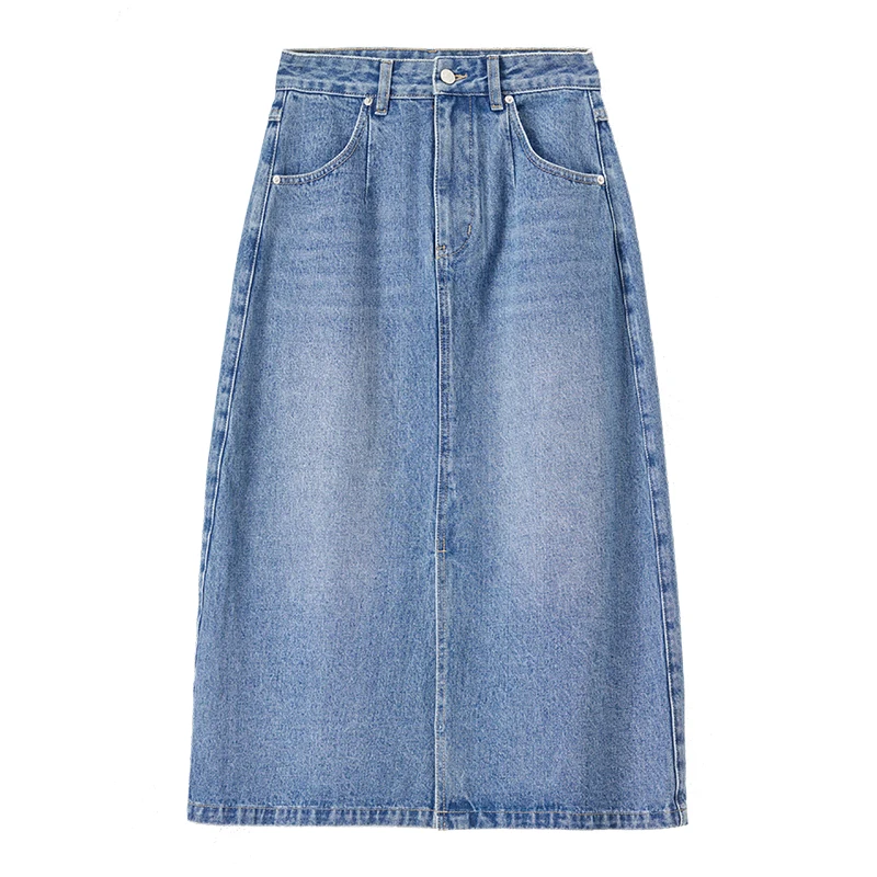 SENTUBILA 100% التنانير القطنية للنساء 2025 ربيع الموضة الأزرق غسلها الدنيم عالية الخصر شق هيم تنورة طويلة أنيقة النساء W51Q57899
