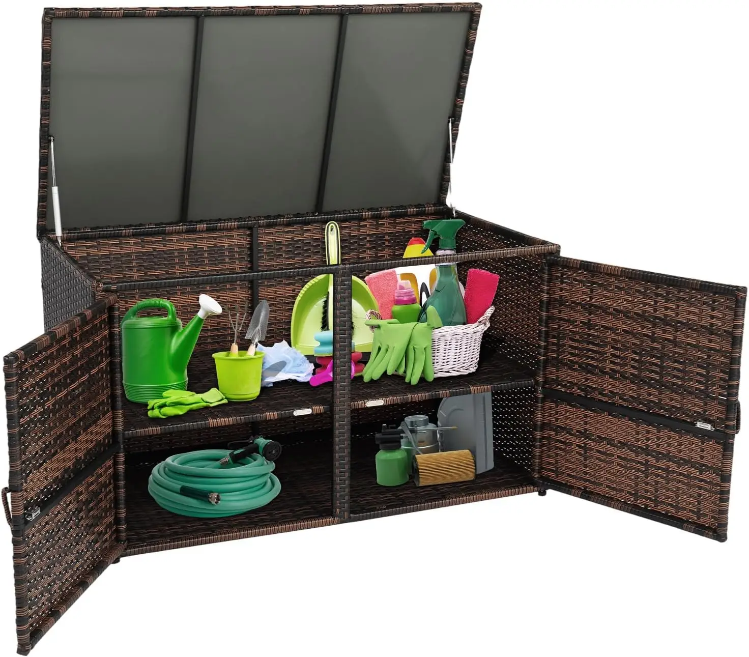 

104 Gallon Outdoor Rattan De Box W/Openable Doors, Patio Wicker Storage Box For Tools And Cushions Storage, Garden De Storage