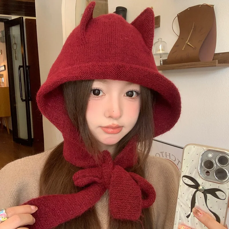 

New Trendy Winter Wool-blend Balaclava Hats Women Show Face Small Cute Cat Ear Design Warm Ear Protection Knitted Beanies Caps