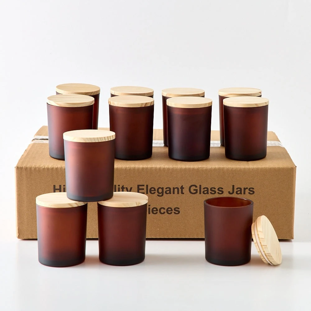 6.8 OZ Thick Candle Jars for Making Candles 12 Pcs, Empty Jars with Wood Lids for Candle Making, Sample Container,Frosted Brown