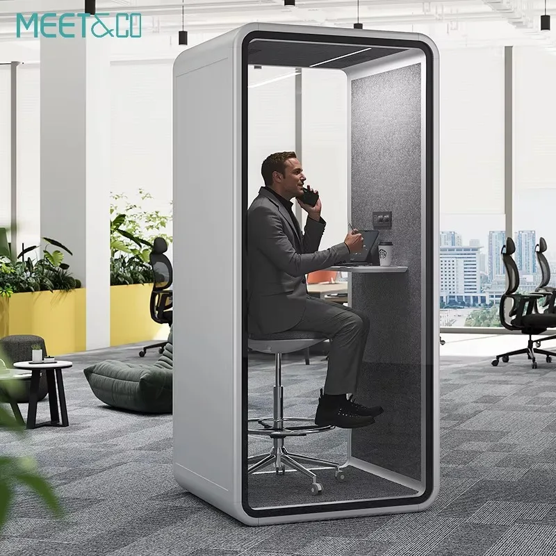 Mobile Acoustic Phone Booth Meeting Pod on Caster Wheels Noise Reduction Felt Interior Glass Panel for Corporate Lobby Airport