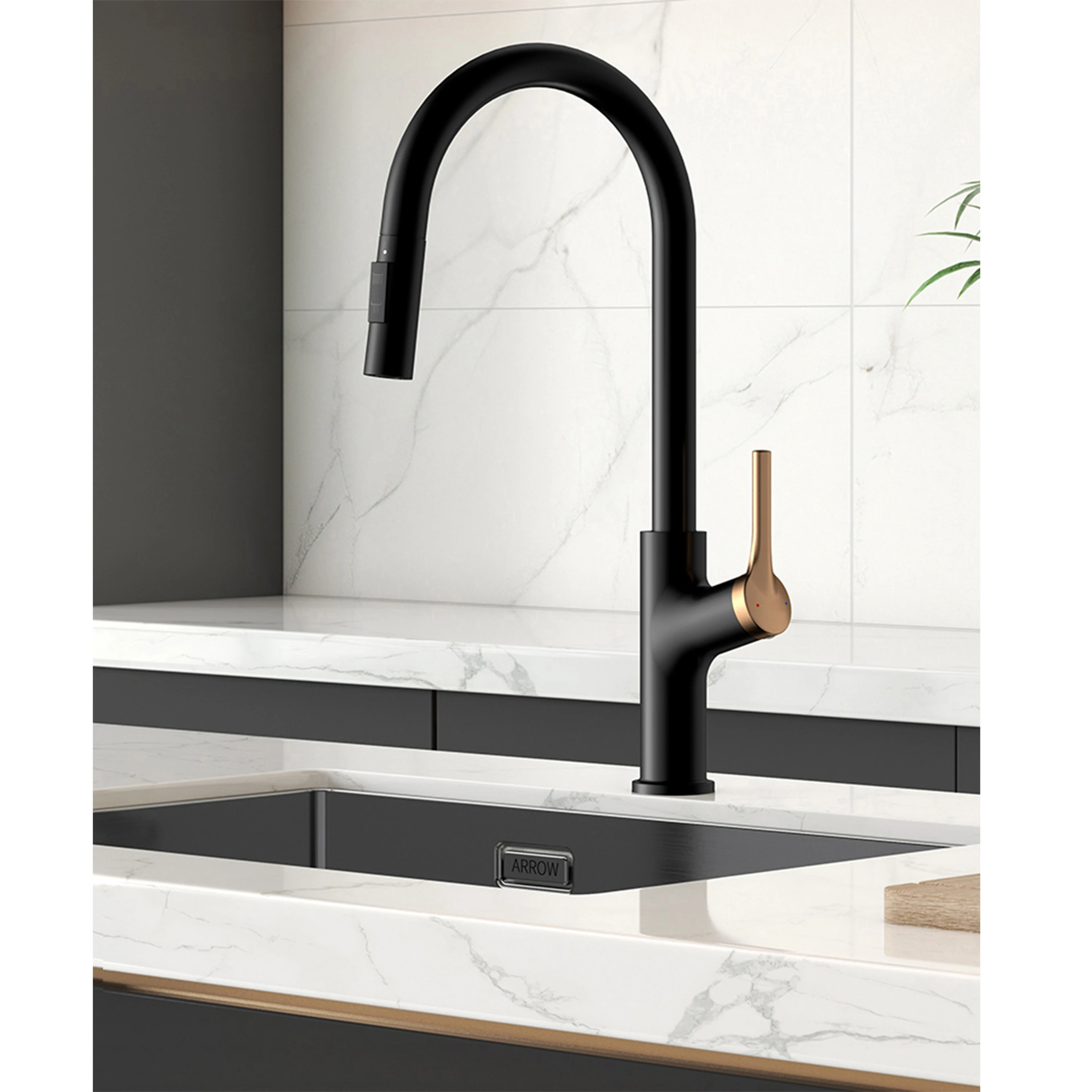 DQOK New Design Brass Kitchen Tap Pull Down Black Gold Single Handle Kitchen Sink Faucet