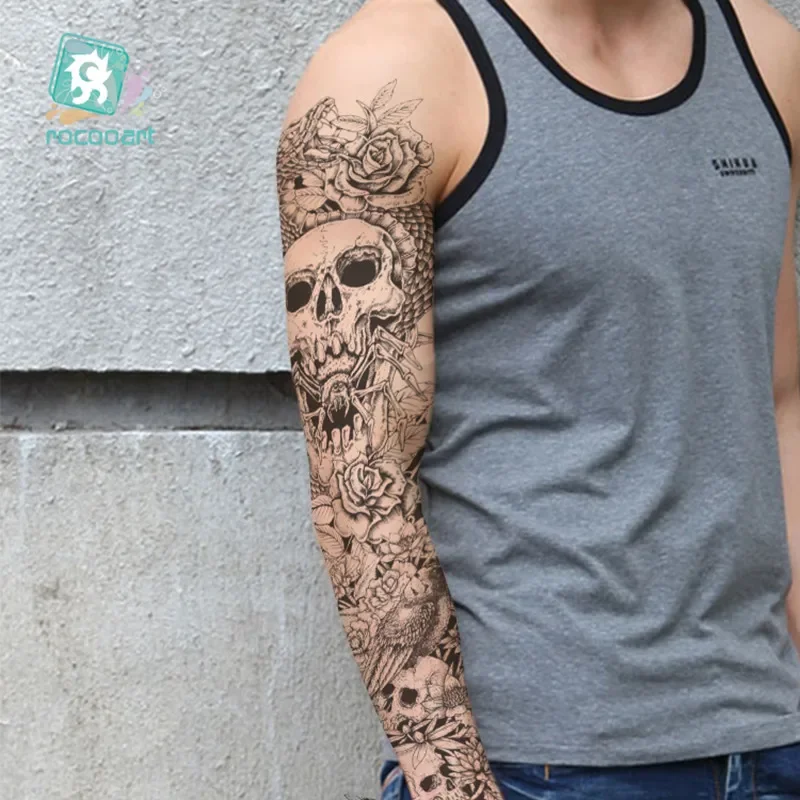 Tatuaje de manga de brazo grande para hombres, pegatina de tatuaje temporal impermeable, búho, dragón, Dios, tótem de calavera completa, tatuaje falso