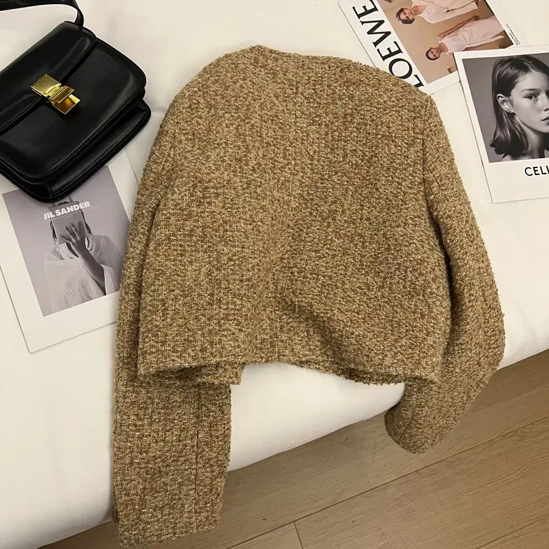 Women Tweed Vintage Cropped Jackets Korean Fashion Single Breasted Thick Coats Tops Fall Winter Casual Long Sleeve Short Abrigos