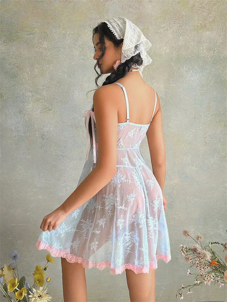 Sweety Women Pajamas Light Blue Lace Night Dress Sexy Adult Contrast Color Nightgown Princess Home Wear Nightie Sexy Slip Dress