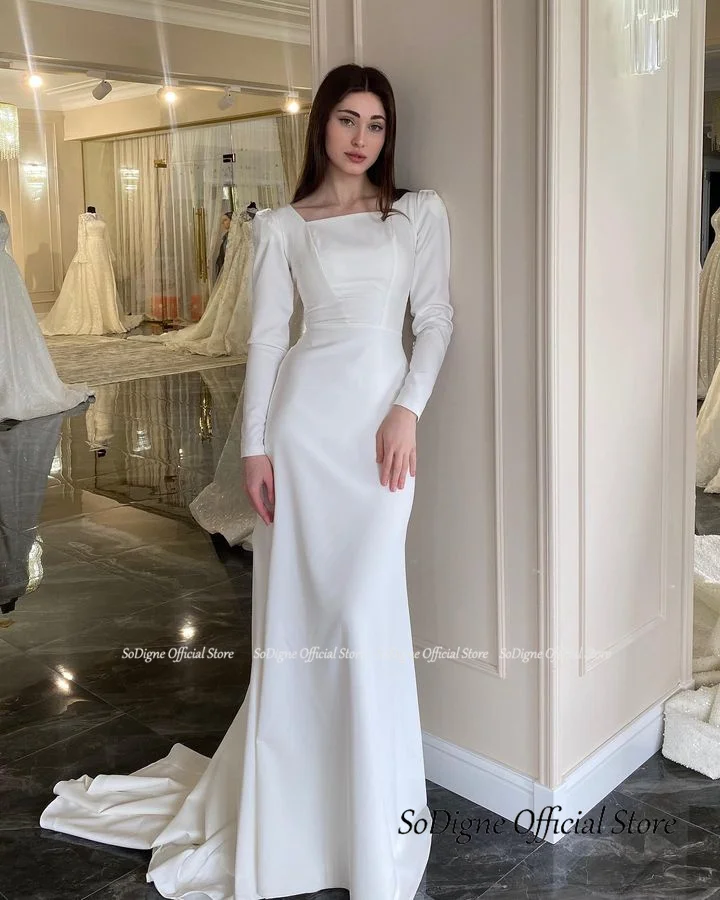 Sodigne Meerjungfrau einfache Brautkleider quadratischer Kragen Satin volle Ärmel Brautkleid 2024 langes Brautkleid vestidos de novia