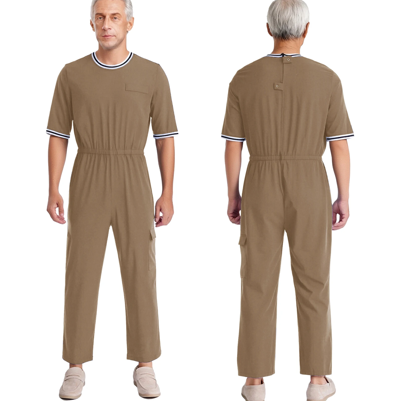 

Men Elderly Alzheimer Adaptive Clothing Half Sleeve Elastic Waist Back Invisible Zipper Jumpsuit with Flap Pocket for Patience