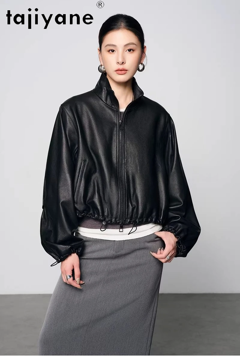 TAJIYANE 本物の羊皮ジャケット女性用ショートスタンドカラーコートカジュアル本革ジャケット2025秋服 дубленка женская