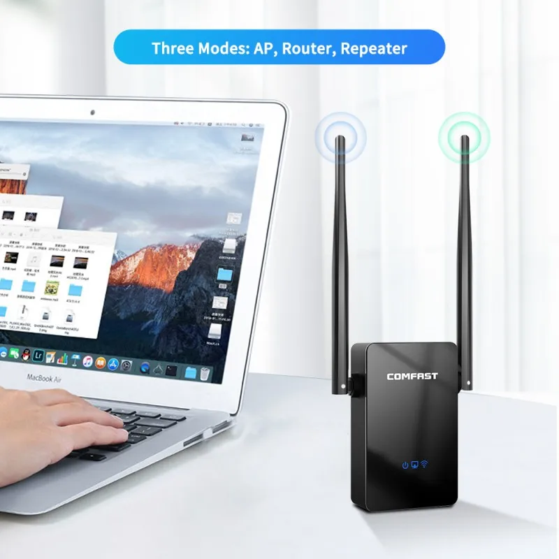 Repetidor WiFi inalámbrico COMFAST de 300-1200Mbps, extensor de señal de enrutador WiFi negro 2,4G, puerto LAN, amplificador de antena 5,8G para el hogar