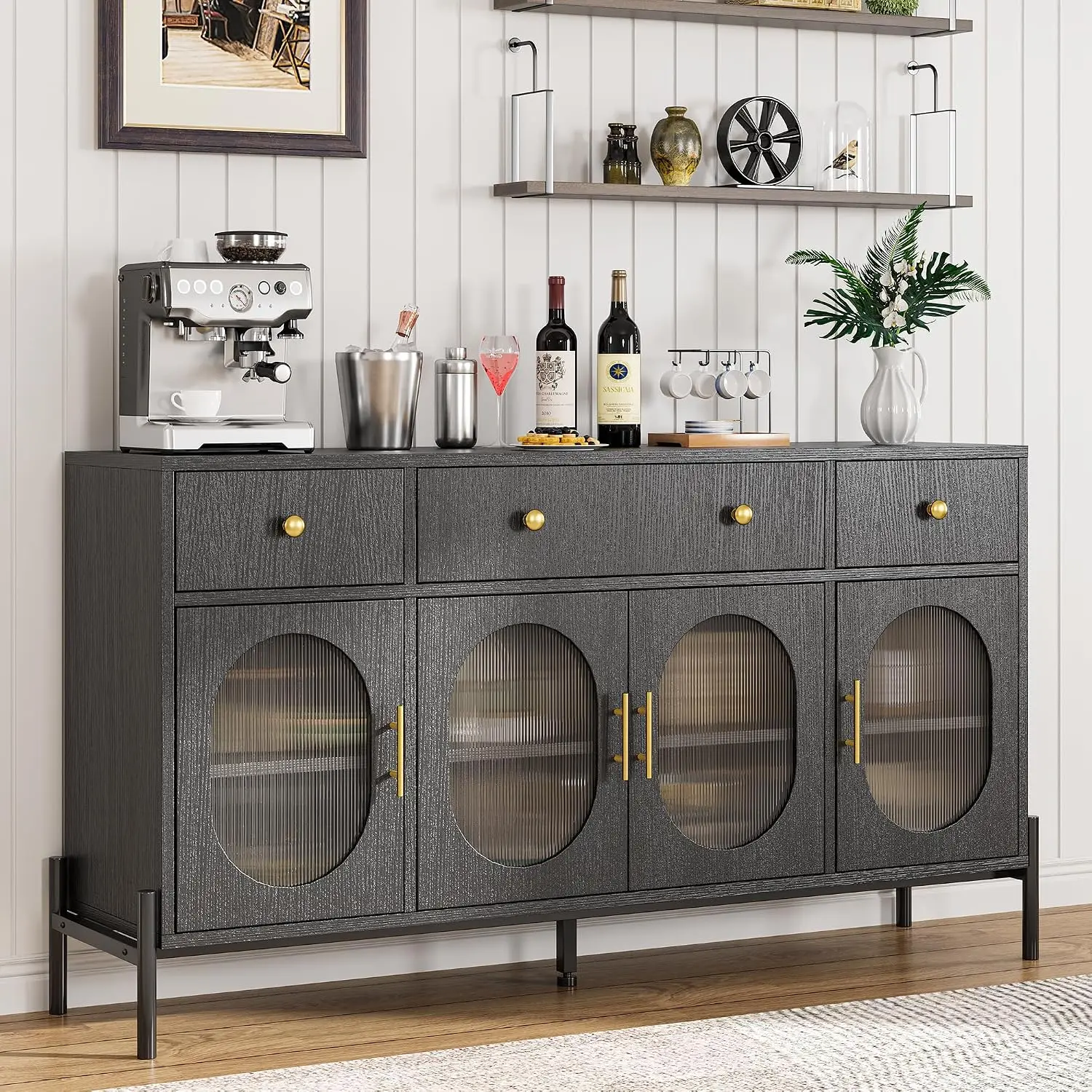 62" Sideboard Cabinet with Storage Adjustable Shelves 4 Glass Doors 3 Drawers for Dining Room Black, Customized