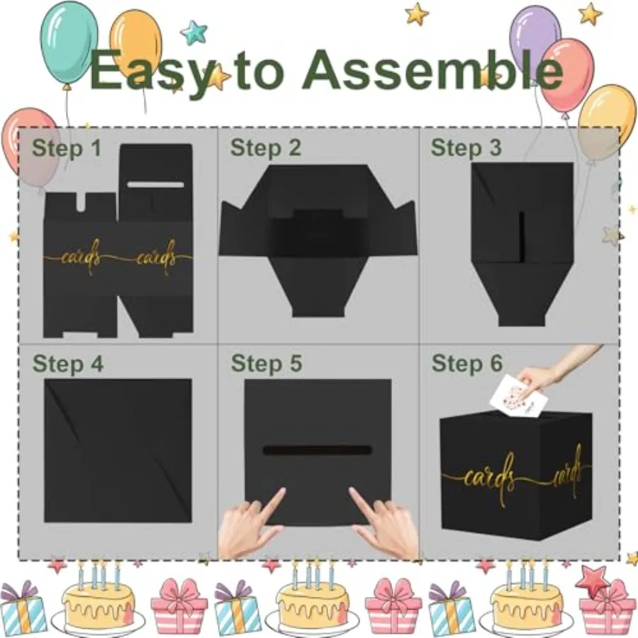 صندوق بطاقات أسود مع تصميم رقائق الذهب صندوق بطاقات الزفاف صندوق استقبال بطاقات الهدايا لحفلات التخرج أو استحمام الطفل