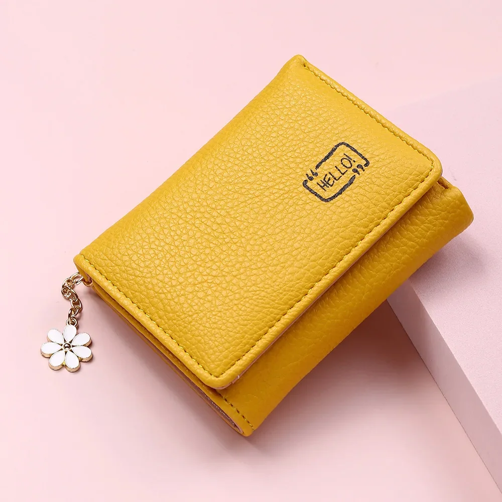 2024 New Fashion Women’s Short Wallet Ladies Small Card Holder Print Lychee Pattern Cute Yellow Two-fold Female Coin Bags