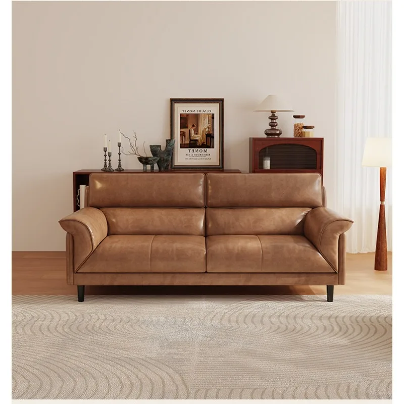 Medieval double small apartment oil wax leather sofa living room 26 new retro three-person cowhide sofa straight row