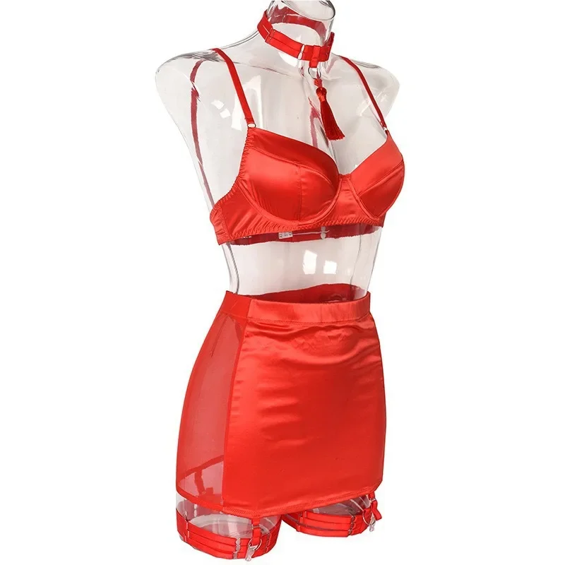 女性用セクシーでロマンチックなランジェリーセット、ギャザー入りスチールリング、ヒップアップ効果、大きな胸元、魅惑的なネックライン、タッセル付きランジェリーセット