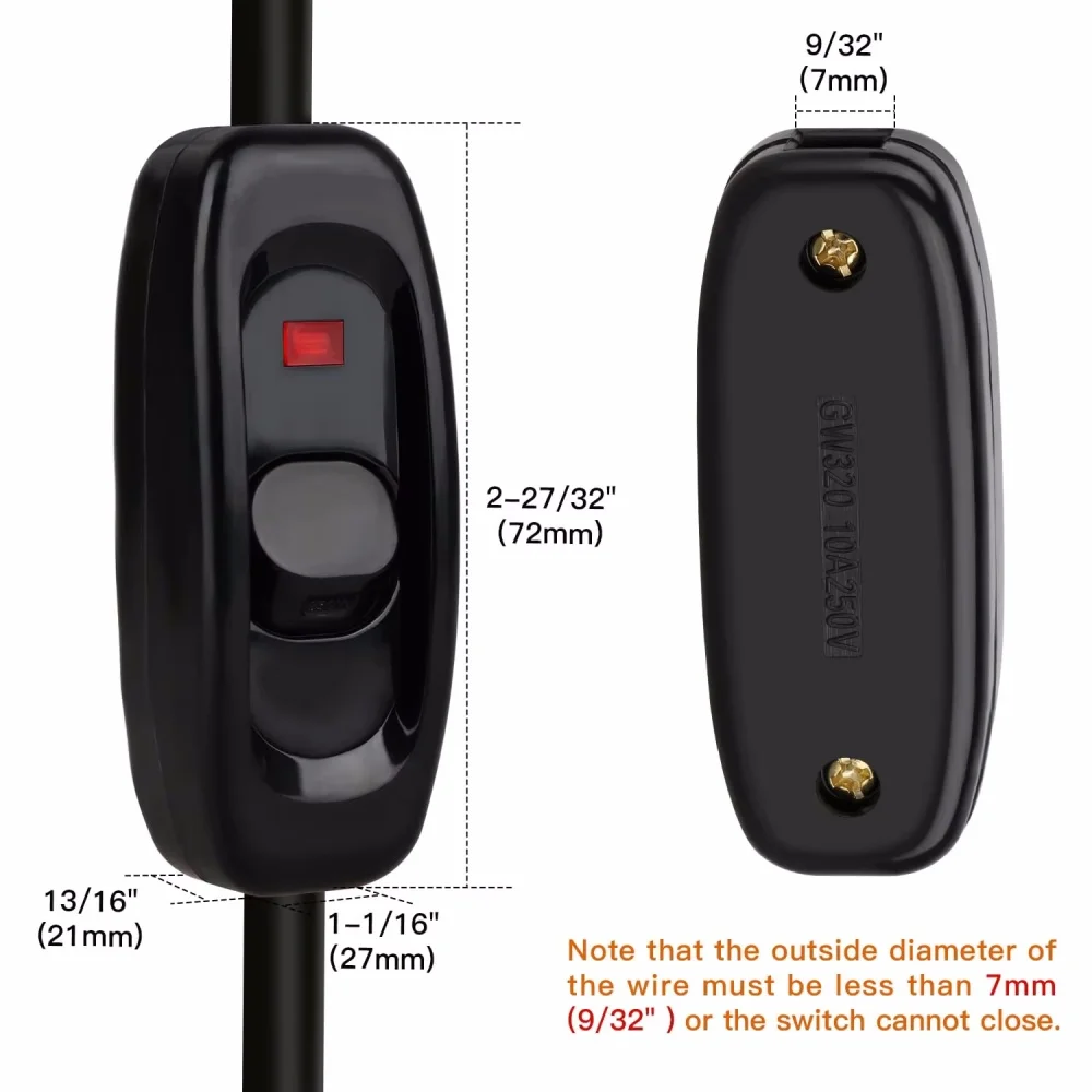 Appliance Inline Cord Switch Black/white AC 250V 10A Heavy Duty Thru Switch On Off Lamp Bulb Wall Line Control Switch Electrical