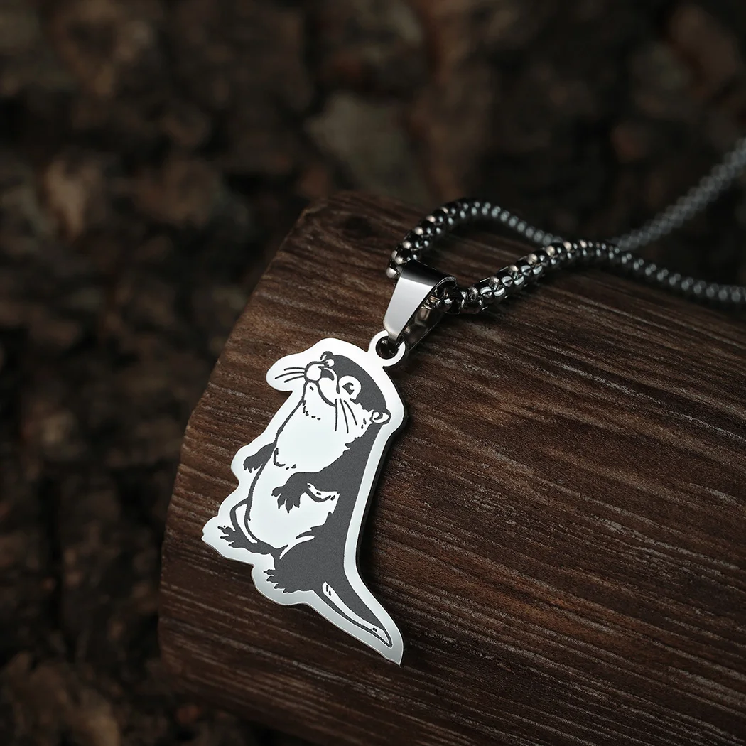 QIAMNI Stainless Steel Cartoon River Otter Necklace Pendant Unique Jewelry Ocean Animal Charm Birthday Party Chain Choker