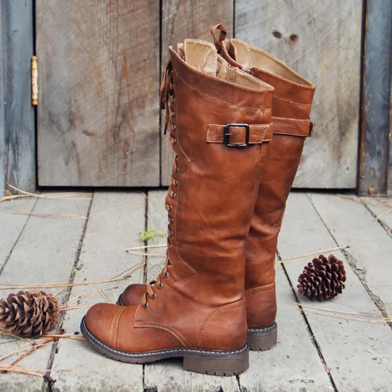 Women Knee High Boots Autumn Winter Lace Up Flat Shoes Sexy PU Leather Shoes Retro Buckle Women Shoes Fashion Black Knight Boots
