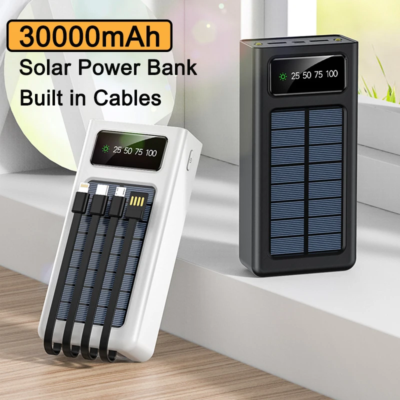 

Solar Power Bank 30000mAh Built in 4 Cable Portable Charger LED Light Digital Display Powerbank External Battery Pack Power Bank