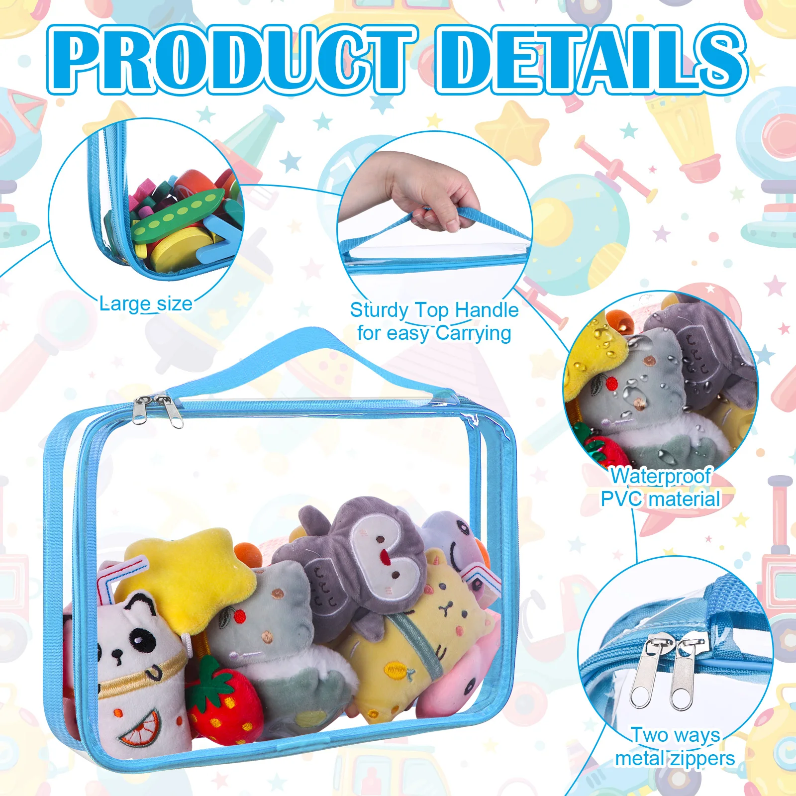 6 Colors Clear Toy Storage Bags PVC Organizing Bags With Zipper Reusable Waterproof Toy Bags With Handle, 12.6x9 Inch Plastic St