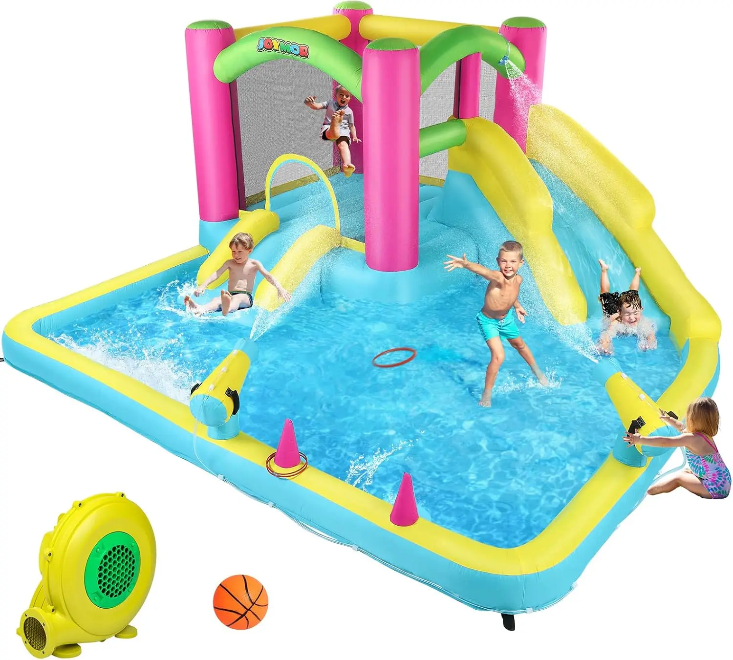 Inflatable Bounce House with Double Water Slide for Kids Toddler Age 3-10, Splash Pool Water Cannons, Ring-Toss Games for Outdoo