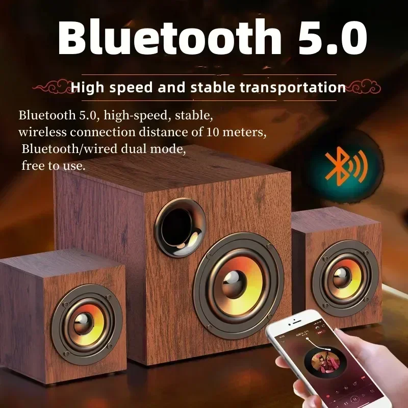 Wooden High-quality Multimedia Heavy Bass Living Room Home Desktop Computer Audio Active Subwoofer Big Volume Bluetooth Speakers