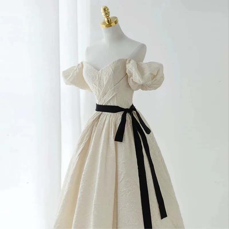 

White Evening Dress 2025 New Fashion Court Strap Back Bow A-line Skirt Wind Short Sleeves Formal Women Elegant Party Dresses