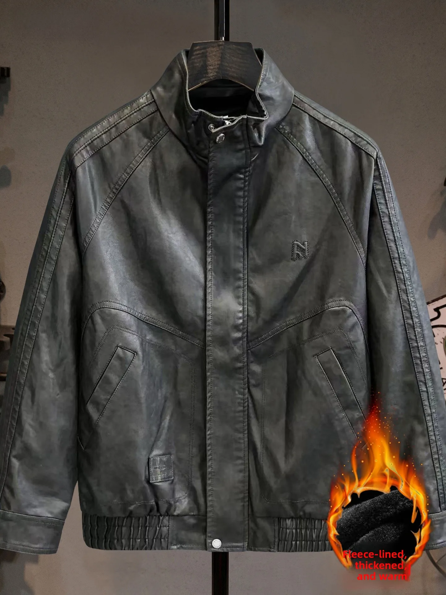 

Men's Stand Collar Leather Jaet Thiened Fce Lined Loose Fit American Biker Sle Outerwear Retro Sle Long Sve Zip...