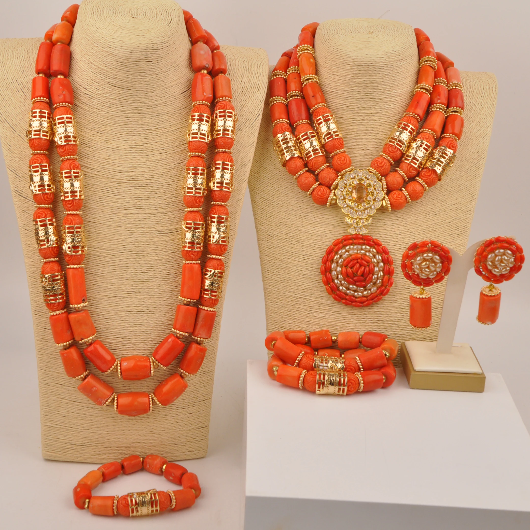 African Wedding Orange coral beads nigerian couple jewelry set