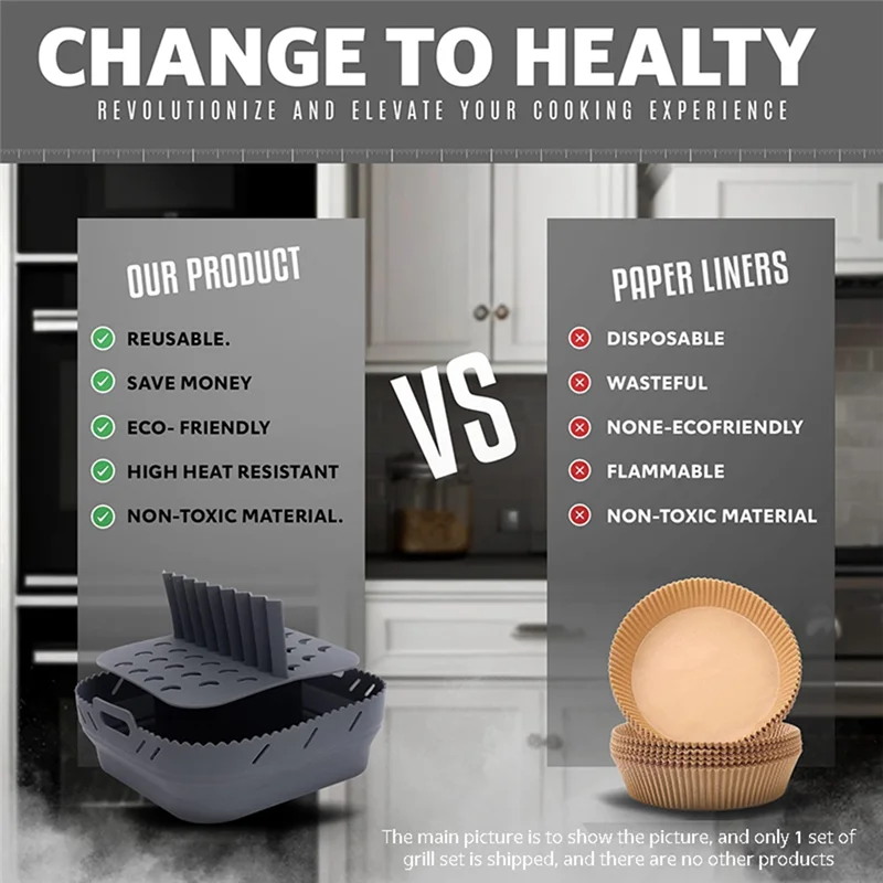 A05G-Air Fryerซิลิโคนรูปร่างตะกร้าชุดถาดSquare Air Fryerอุปกรณ์ย่างReusable Air Fryerแม่พิมพ์