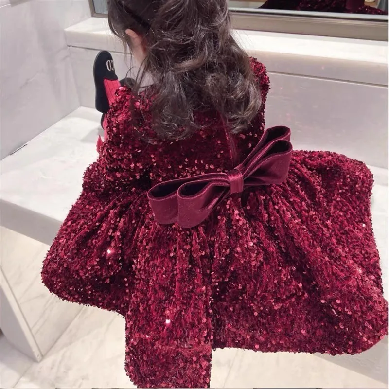 Baby Girl Sequins Dress Long Sleeve Infant Toddler Teen Child Vestido Party Birthday Christmas New Year Baby Clothes 1-14Y