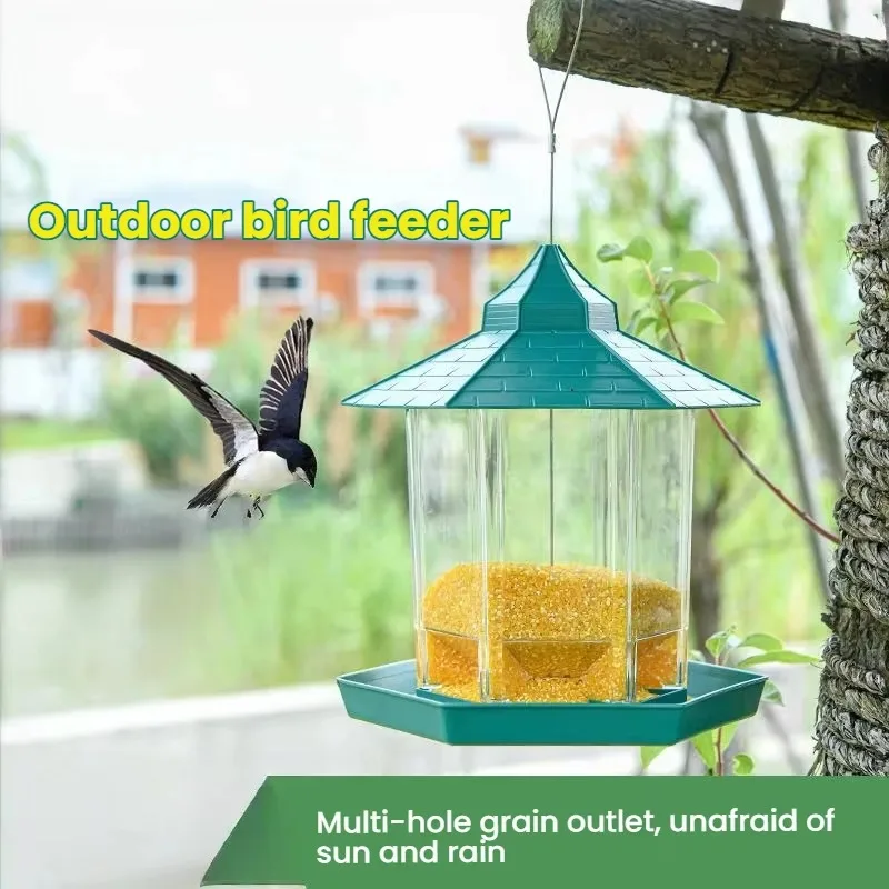 

Rainproof Bird Feeder Plastic Hexagonal 1000ml, Transparent Outdoor Wild Bird Feeder with Steel Rope Hanger for Garden Yard