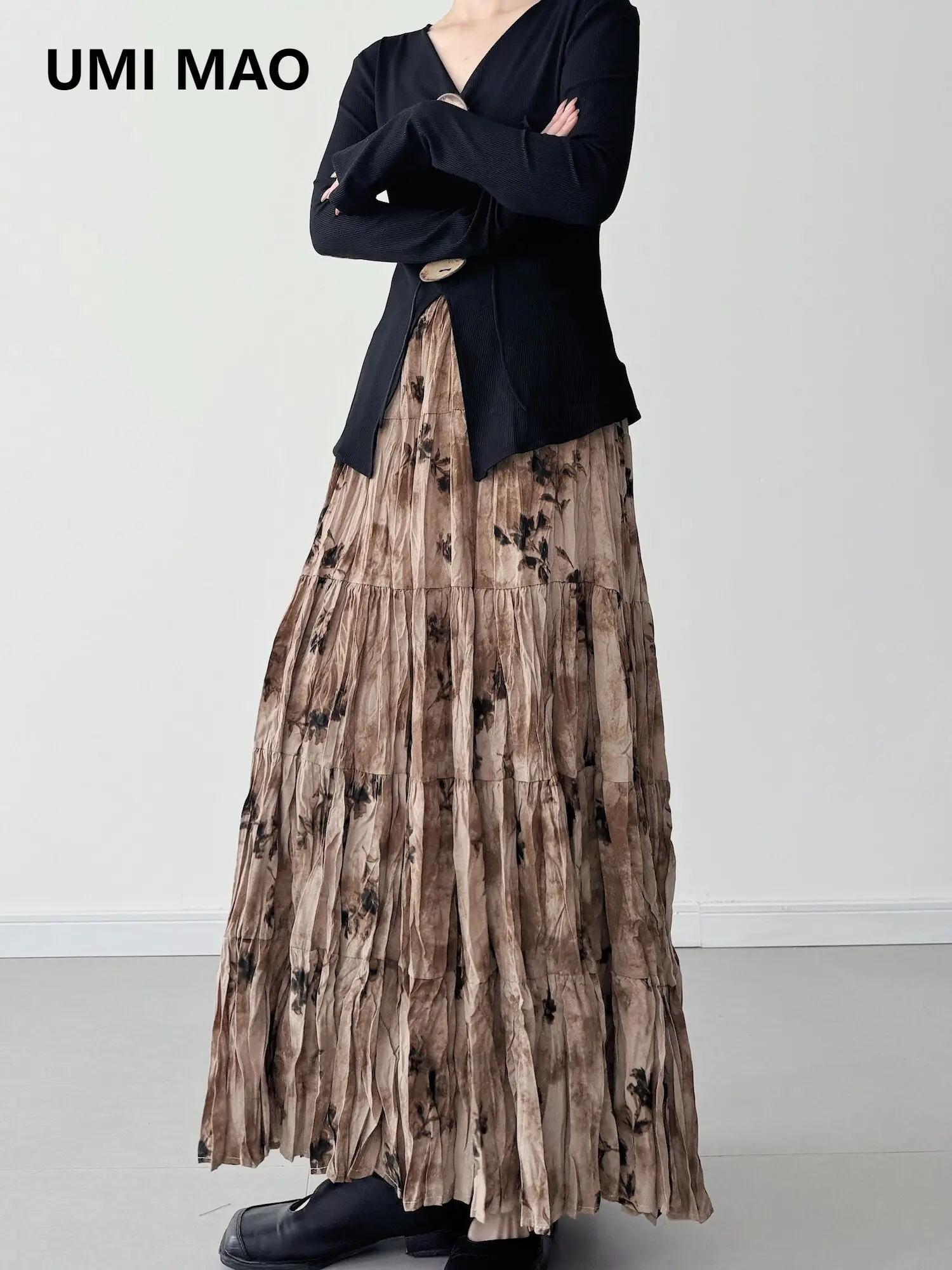 

UMI MAO Атмосфера винтажная большая распашная юбка с деревянным принтом в стиле ретро, утягивающая полуюбка трапециевидной формы, женская весна и лето