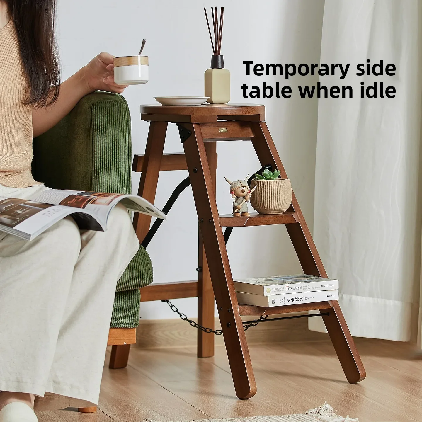 Solid wood multi-functional ladder stool household ladder one stool dual-purpose three-step climbing steps