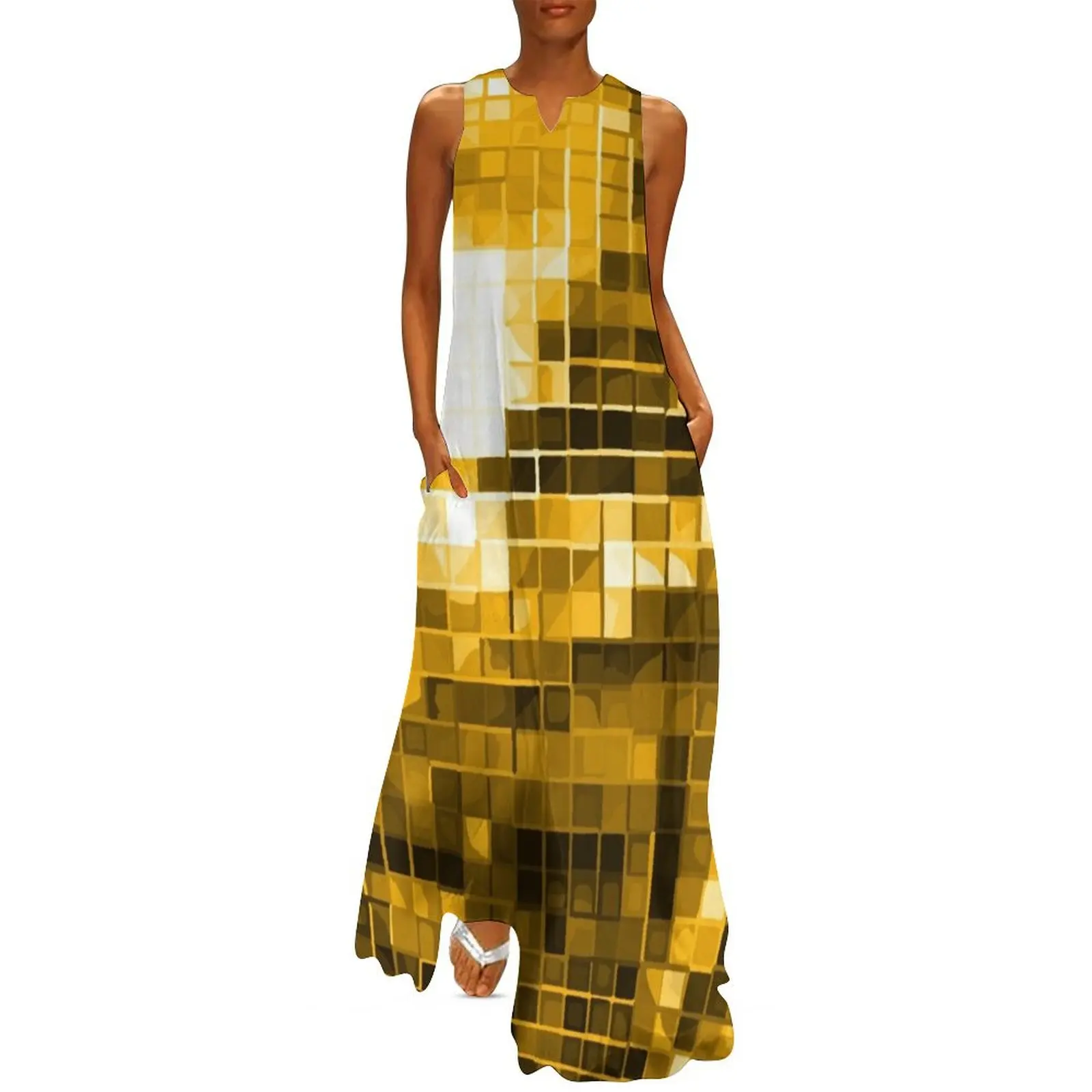 Gold Yellow Disco Ball Pattern Long Dress luxury women