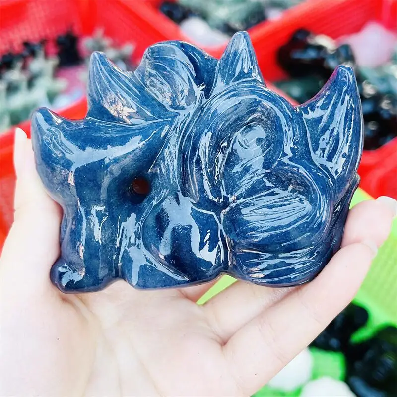 Natural Blue Aventurine Nine-tailed Fox Carving Reiki Engraving Healing Gemstone Crafts Home Office Decor 1PCS