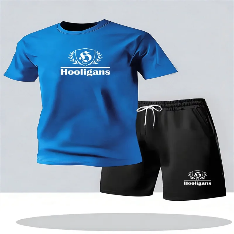 

Summer men's comfortable and breathable round neck T-shirt and shorts fashionable outdoor casual short sleeved top set 2-pieces